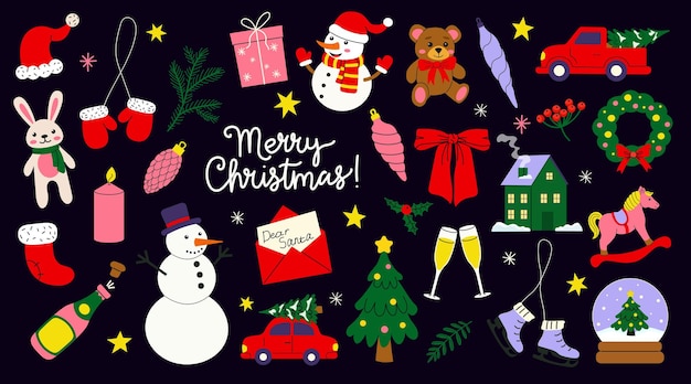 Décorations et symboles de Noël sur un fond sombre célébrant la saison des fêtes