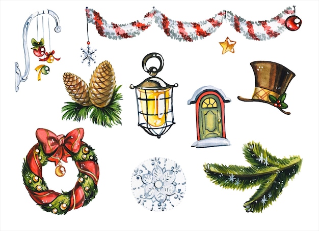 Vecteur décorations de vacances de noël ensemble d'illustrations aquarelle dessinés à la main. jouets d'arbre de nouvel an, couronne de gui, brindilles de pin et guirlande sur fond blanc. peinture à l'aquarelle collection d'articles de fête