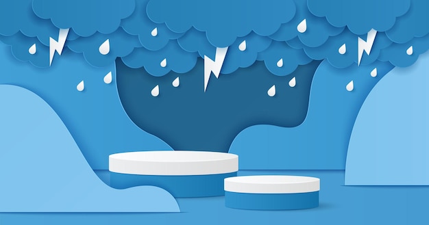 Découpe de papier de podium de cylindre de couleur blanche et bleue pour la présentation des produits avec des nuages, des gouttes de pluie et des éclairs Illustration vectorielle