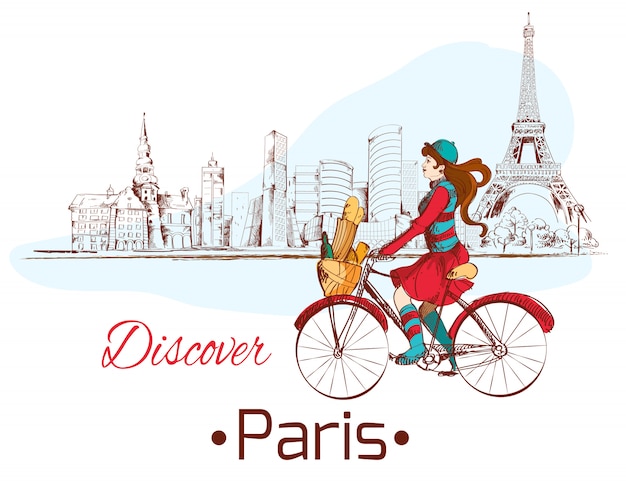 Vecteur découvrez paris belle illustration avec une femme à vélo