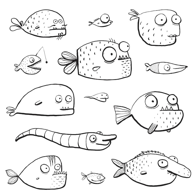 Décrire La Collection De Personnages De Poissons De Dessin Animé Pour Les Pages De Livre De Coloriage Pour Enfants. Collection De Cliparts Vectoriels.