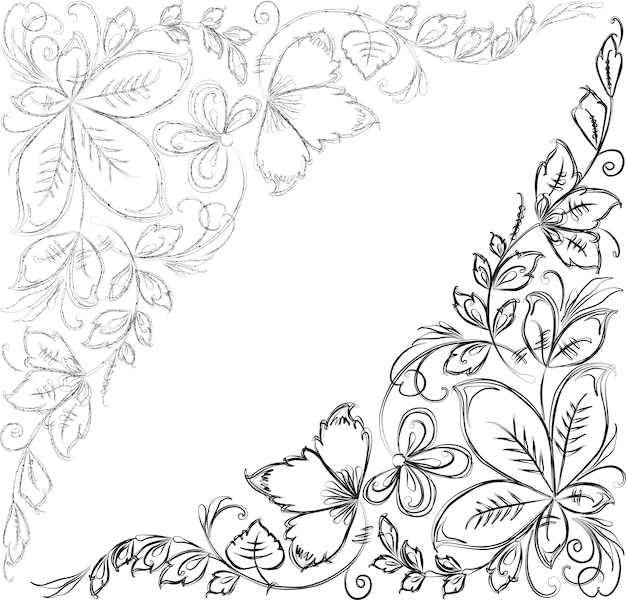 Décrire les dessins vectoriels des coins floraux décoratifs de la fantaisie laisse des vrilles et des fleurs