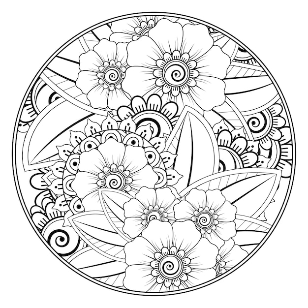 Décrire la fleur ronde dans le style mehndi pour l'ornement de griffonnage de page à colorier en noir et blanc
