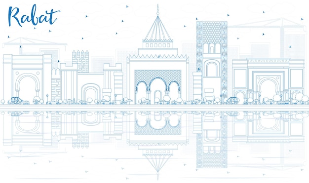 Décrire l'horizon de Rabat avec des bâtiments bleus et des reflets. Illustration vectorielle. Concept de voyage d'affaires et de tourisme avec architecture historique. Image pour la bannière de présentation et le site Web.