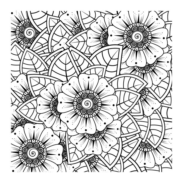 Décrire le motif de fleurs carrées dans le style mehndi pour l'ornement de doodle de page de livre de coloriage en illustration de tirage à la main en noir et blanc