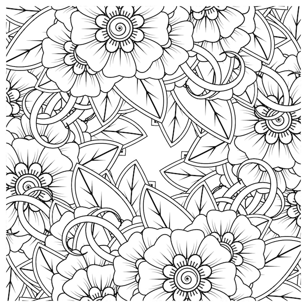 Décrire Le Motif De Fleurs Carrées Dans Le Style Mehndi Pour L'ornement De Doodle De Page De Livre De Coloriage En Illustration De Tirage à La Main En Noir Et Blanc