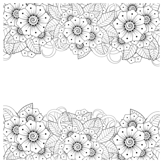 Décrire Le Motif De Fleurs Carrées Dans Le Style Mehndi Pour L'ornement De Griffonnage De Page De Livre De Coloriage En Noir Et Blanc Illustration De Tirage