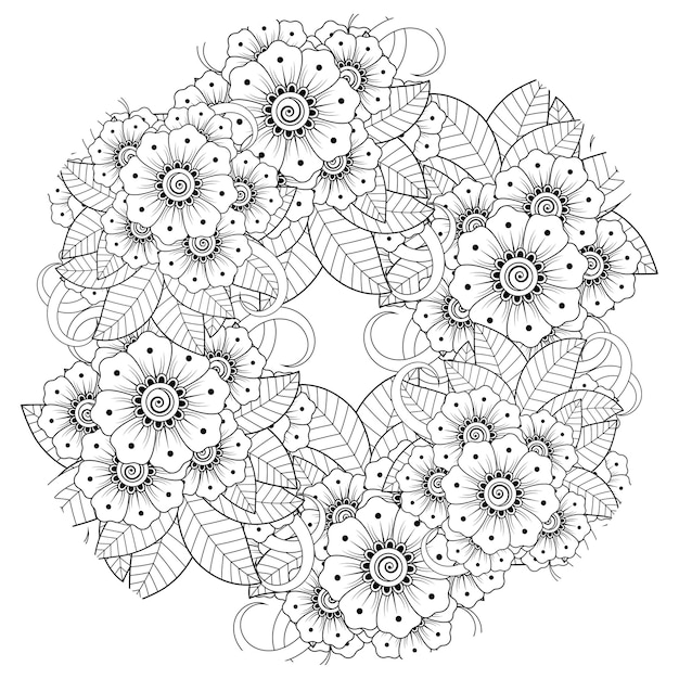 Décrire Le Motif De Fleurs Rondes Dans Le Style Mehndi Pour L'ornement De Griffonnage De Page De Livre De Coloriage En Illustration De Tirage à La Main En Noir Et Blanc