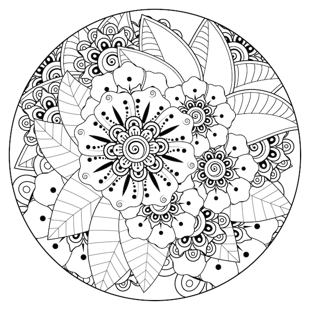 Décrire Le Motif De Fleurs Rondes Dans Le Style Mehndi Pour L'ornement De Griffonnage De Page De Livre De Coloriage En Noir Et Blanc Illustration De Tirage