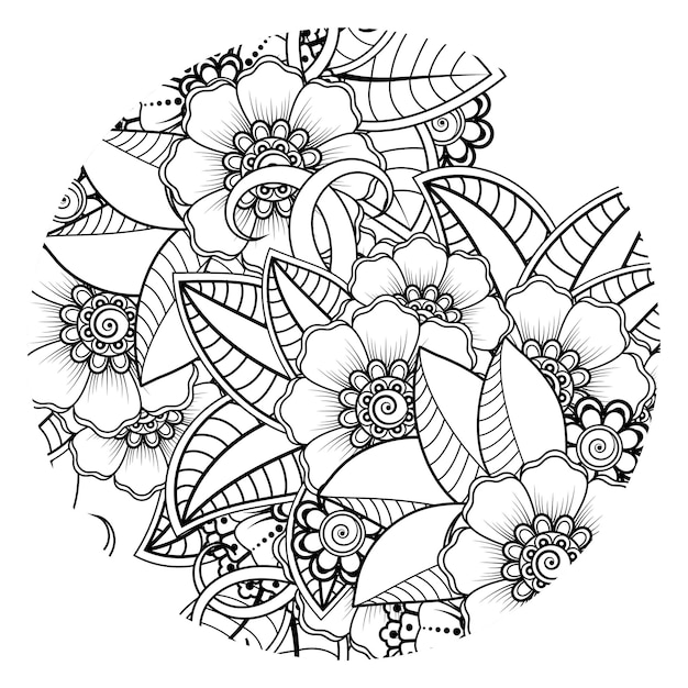 Vecteur décrire le motif de fleurs rondes dans le style mehndi pour la page du livre de coloriage