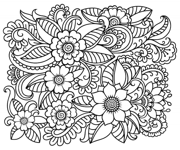 Décrire Le Motif Floral Carré Dans Le Style Mehndi. Ornement De Doodle En Noir Et Blanc. Illustration De Tirage à La Main.