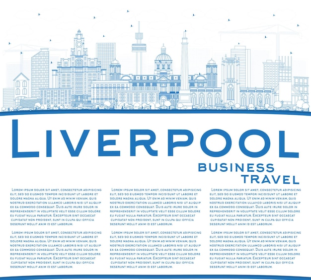 Décrire les toits de Liverpool avec des bâtiments bleus et un espace de copie. Illustration vectorielle. Concept de voyage d'affaires et de tourisme avec architecture historique. Paysage urbain de Liverpool avec des points de repère.