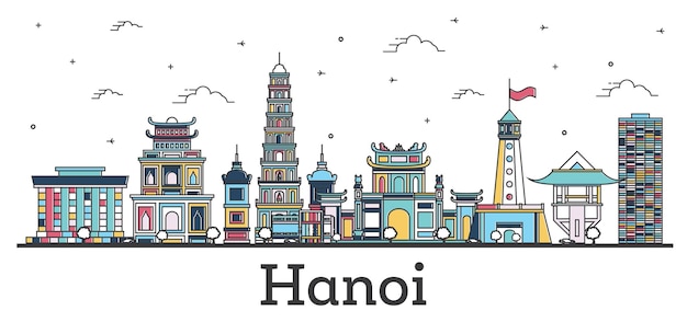 Décrire Les Toits De La Ville De Hanoi Vietnam Avec Des Bâtiments De Couleur Isolés Sur Blanc Illustration Vectorielle Paysage Urbain De Hanoi Avec Des Points De Repère