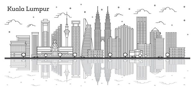 Décrire Les Toits De La Ville De Kuala Lumpur En Malaisie Avec Des Bâtiments Modernes Et Des Réflexions Isolées Sur Blanc. Illustration Vectorielle. Paysage Urbain De Kuala Lumpur Avec Des Points De Repère.