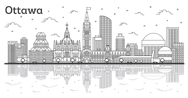 Décrire Les Toits De La Ville D'ottawa Canada Avec Des Bâtiments Modernes Et Des Réflexions Isolées Sur Blanc. Illustration Vectorielle. Paysage Urbain D'ottawa Avec Des Points De Repère.