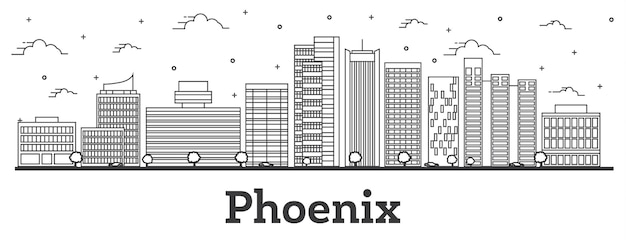 Décrire les toits de la ville de Phoenix en Arizona avec des bâtiments modernes isolés sur blanc. Illustration vectorielle. Paysage urbain de Phoenix USA avec des points de repère.