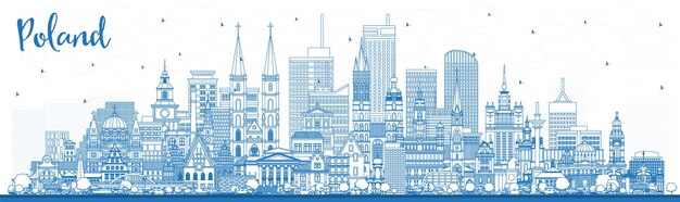 Décrire les toits de la ville de Pologne avec des bâtiments bleus Concept d'illustration vectorielle avec une architecture moderne Paysage urbain de Pologne avec des monuments Varsovie Cracovie Lodz Wroclaw Poznan