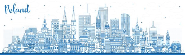 Décrire les toits de la ville de Pologne avec des bâtiments bleus Concept d'illustration vectorielle avec une architecture moderne Paysage urbain de Pologne avec des monuments Varsovie Cracovie Lodz Wroclaw Poznan