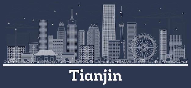 Décrire Les Toits De La Ville De Tianjin En Chine Avec Des Bâtiments Blancs. Illustration Vectorielle. Concept De Voyage D'affaires Et De Tourisme à L'architecture Moderne. Paysage Urbain De Tianjin Avec Des Points De Repère.