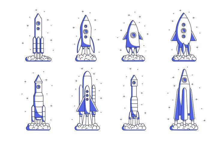 Décrit les fusées les vaisseaux spatiaux les navettes cosmiques les missiles les fusées ensemble les vaisseaux spatiaux lançant le décollage et le vol jusqu'à l'ensemble du cosmos illustration vectorielle plane isolée sur fond blanc