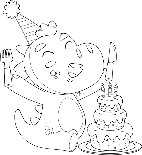 Vecteur décrit le personnage de dessin animé de dinosaure heureux regarde un gâteau d'anniversaire avec une fourchette et un couteau