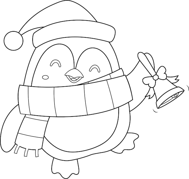 Vecteur décrit le personnage de dessin animé mignon pingouin de noël qui sonne une cloche