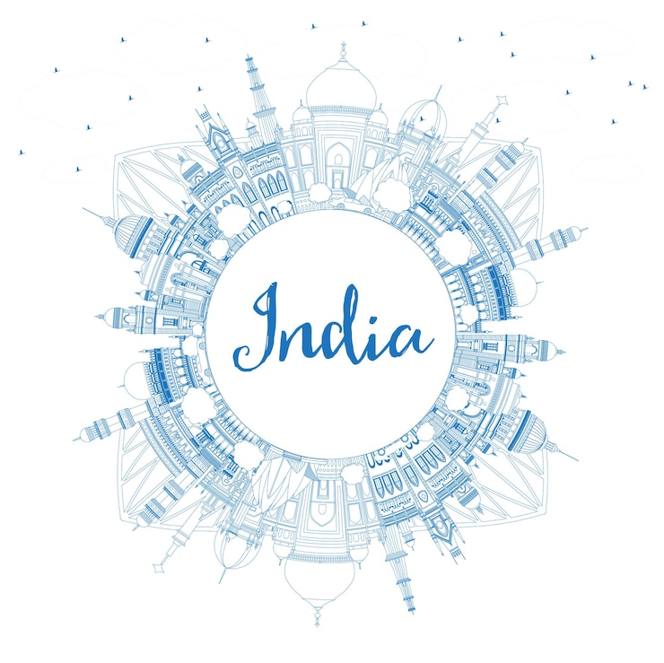 Vecteur décrivez les toits de la ville de l'inde avec des bâtiments bleus et un espace de copie. delhi. hyderabad. calcutta. illustration vectorielle. concept de voyage et de tourisme avec architecture historique. paysage urbain de l'inde avec des points de repère.
