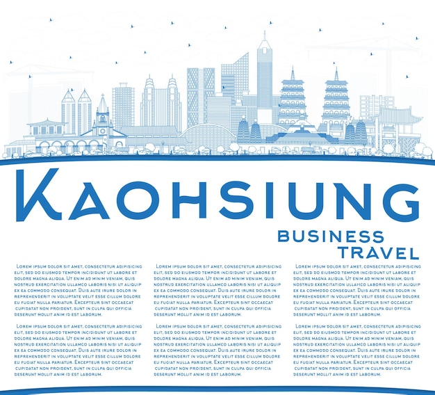 Vecteur décrivez les toits de la ville de kaohsiung taiwan avec des bâtiments bleus et un espace de copie. illustration vectorielle. concept de voyage d'affaires et de tourisme avec architecture historique. paysage urbain de kaohsiung en chine avec des points de repère.
