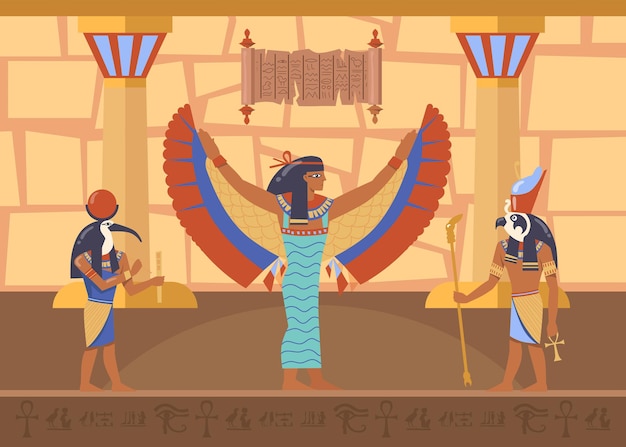 Vecteur déesse ailée égyptienne maat entourée de divinités horus et thoth. illustration de dessin animé. dieux égyptiens à l'intérieur du temple antique, symboles, hiéroglyphes
