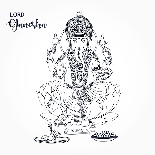 Déesse hindoue indienne ganesha décoratif assis sur un beau croquis de lineart de lotus