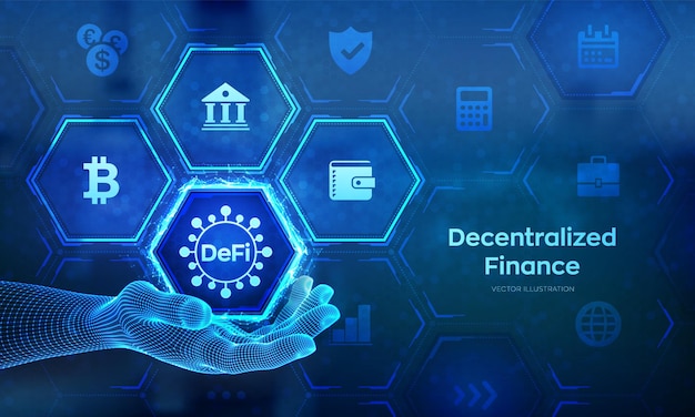 DeFi Decentralized Finance Blockchain système financier décentralisé Concept de concept de technologie d'entreprise dans la main filaire Illustration vectorielle