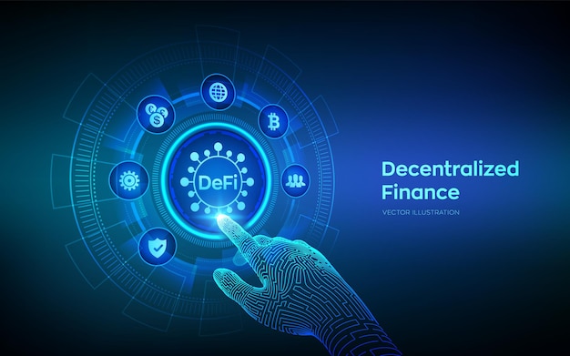 DeFi Decentralized Finance Blockchain système financier décentralisé Concept de technologie d'entreprise sur écran virtuel Main robotique touchant l'interface numérique Illustration vectorielle