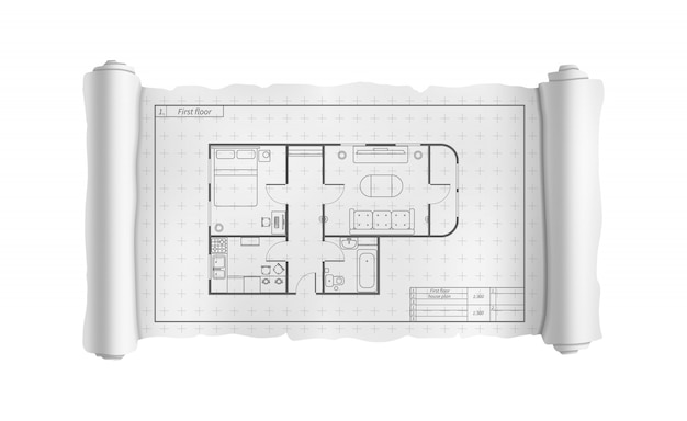 Vecteur défilement blanc d'ingénierie avec plan de maison détaillé, plan de construction sur blanc