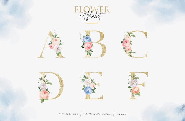 Définir L'alphabet Floral Aquarelle Avec Lettre D'or