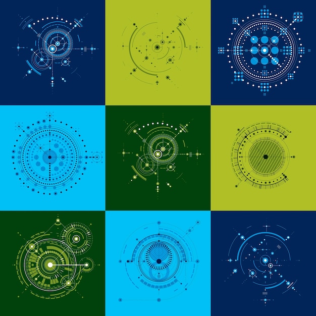 Définir des arrière-plans abstraits Bauhaus vectoriels réalisés avec une grille et des éléments géométriques simples qui se chevauchent, des cercles. Œuvres d'art rétro, modèles graphiques de style technologique pour affiche publicitaire.