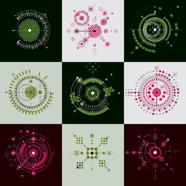 Définir des arrière-plans abstraits Bauhaus vectoriels réalisés avec une grille et des éléments géométriques simples qui se chevauchent, des cercles. Œuvres d'art rétro, modèles graphiques de style technologique pour affiche publicitaire.