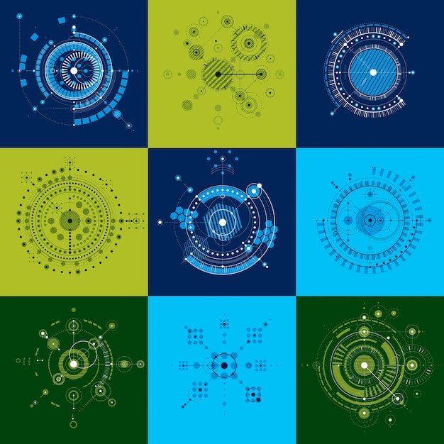 Définir des arrière-plans abstraits Bauhaus vectoriels réalisés avec une grille et des éléments géométriques simples qui se chevauchent, des cercles. Œuvres d'art rétro, modèles graphiques de style technologique pour affiche publicitaire.