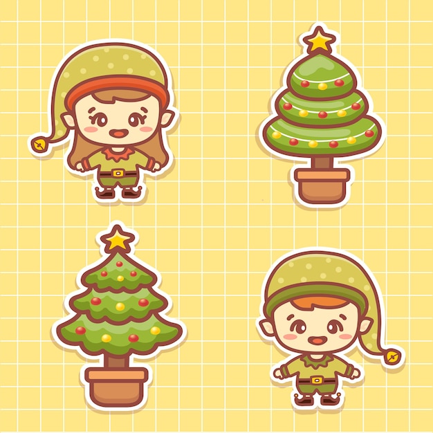 Définir Des Autocollants Du Personnage D'enfants Elfes Heureux De Noël. Aides Mignonnes De Santa Claus Et Arbre De Noël. Style Kawaii