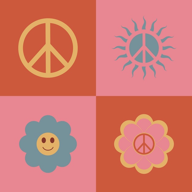 Définir Des Autocollants D'icônes Dans Un Style Hippie Avec Le Signe De La Paix Et Des Fleurs Dans Un Style Hippie Sur Des Carrés Roses En Arrière-plan
