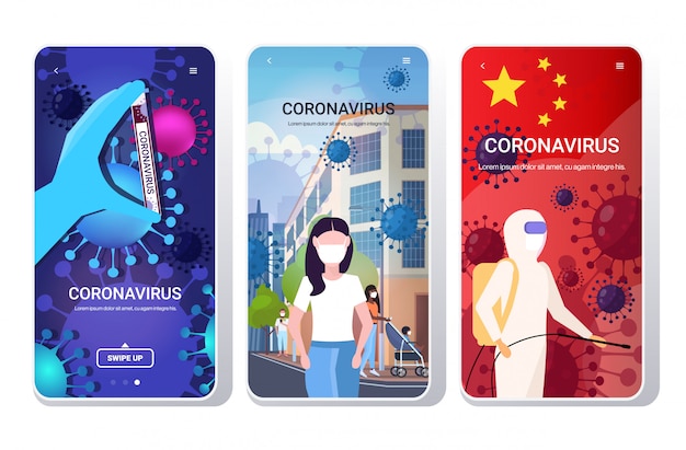 Vecteur définir des bactéries épidémiques mers-cov flottantes cellules du virus de la grippe wuhan coronavirus mise en quarantaine 2019-ncov collection de concepts écrans de téléphone application mobile copie espace