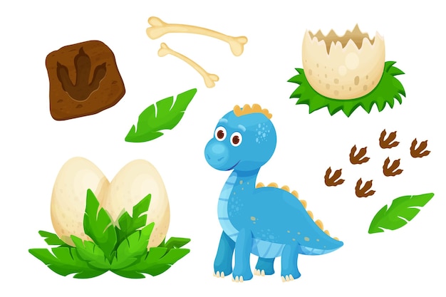 Définir Des Bébés Dinosaures Mignons Avec Des Feuilles Et Des Os Jurassiques D'empreinte D'oeuf De Dino En Dessin Animé