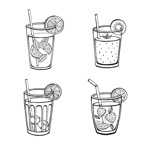 Définir Des Boissons D'été Non Alcoolisées Isolées Sur Fond Blanc Menu Images Vectorielles Dans Le Style De Croquis