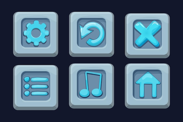 Définir les boutons de l'interface utilisateur du menu sur un bloc de pierre dans un style de dessin animé comique, élément de conception de jeu,