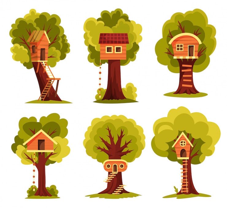 Vecteur définir la cabane dans les arbres. aire de jeux pour enfants avec balançoire et échelle. illustration de style plat. cabane dans les arbres pour jouer et faire la fête. maison sur arbre pour enfants. ville en bois, parc de corde entre feuillage vert