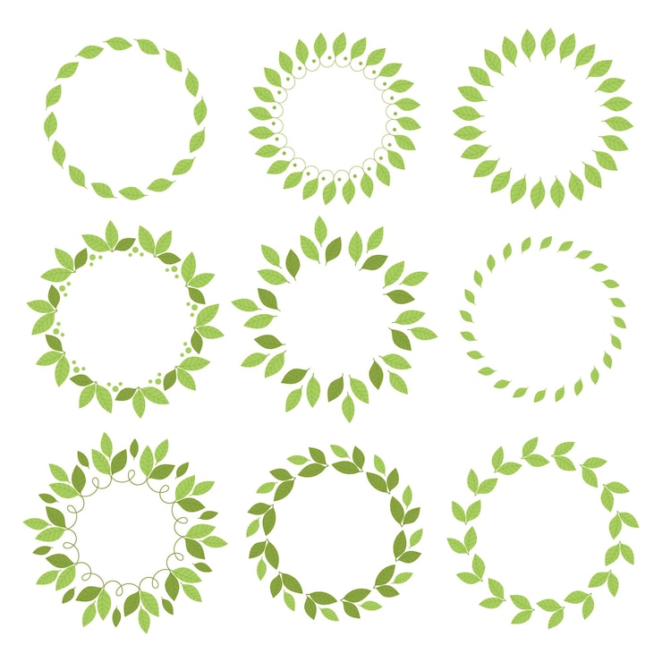 Vecteur définir des cadres ronds avec des feuilles vertes