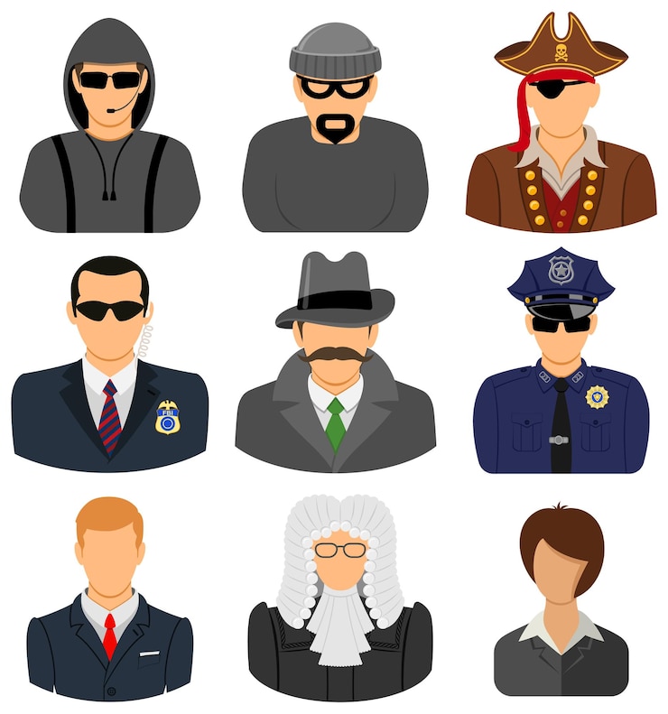 Vecteur définir les caractères des criminels et des responsables de l'application de la loi