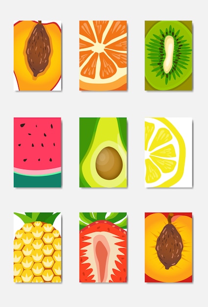 Définir La Carte De Modèle De Fruits Frais De Tranche, La Présentation Verticale De La Couverture De Magazine Sur Fond Blanc, Le Concept De Mode De Vie Ou De Régime Alimentaire Sain, Le Logo De L'affiche De Fruits