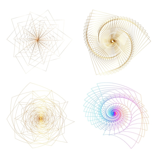 Définir un cercle d'éléments de conception Isolé des couleurs vectorielles audacieuses de l'anneau doré de la lueur abstraite des rayures ondulées de nombreux tourbillons scintillants créés à l'aide de l'outil de fusion Illustration vectorielle EPS10 pour votre présentation