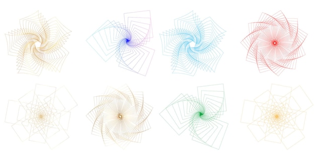 Définir un cercle d'éléments de conception Isolé des couleurs vectorielles audacieuses de l'anneau doré de la lueur abstraite des rayures ondulées de nombreux tourbillons scintillants créés à l'aide de l'outil de fusion Illustration vectorielle EPS10 pour votre présentation