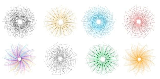 Définir un cercle d'éléments de conception Isolé des couleurs vectorielles audacieuses de l'anneau doré de la lueur abstraite des rayures ondulées de nombreux tourbillons scintillants créés à l'aide de l'outil de fusion Illustration vectorielle EPS10 pour votre présentation